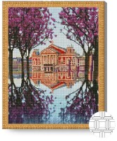 Pictura cu diamante după numere Art Gallery Premium Castel și copaci înfloriți QB206041