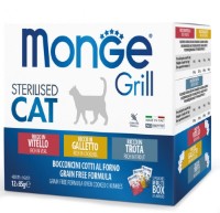 Hrană umedă pentru pisici Monge Adult Cat Grill Sterilized Veal/Cockerel/Trout 12x85g