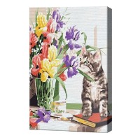 Tablou pe numere Art Gallery Premium Motan și un buchet de flori 20x30cm (CX3950)