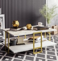 Măsuţă cafea Trendy Polka White Marble/White/Gold 92x37x62cm GTR006146