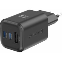 Încărcător Swissten GaN 2x USB-C 65W + 1x USB-A 18W Black