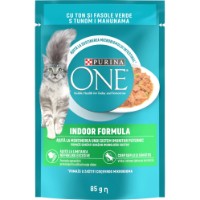 Hrană umedă pentru pisici Purina One Indoor Cat Salmon & Green Beans 26x85g