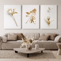 Pictură ArtShop White Flowers and Golden Leaves Triptych 30x45cm (SET305)