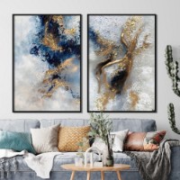 Pictură ArtShop Golden Abstraction With Blue and Gray Diptych 60x90cm (SET574-MM-L)