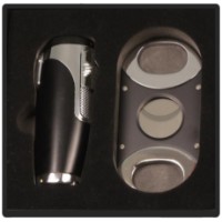 Brichetă Sky 238357 3-flame Jet Lighter + Cigar Cutter Black/Chrome in Gift Box