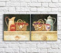 Картина ArtPoster Basket with berries and kettle on a Dark/Green background (3478735)