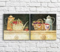 Картина ArtPoster Basket with berries and kettle on a Green background (3478802)