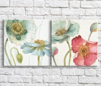 Pictură ArtPoster Blue and Pink poppies on a White background, diptych (3467709)
