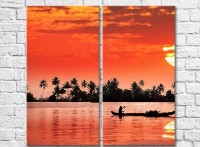 Pictură ArtPoster Boat on the background of red sunset (3453824)