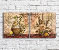 Pictură ArtPoster Bottles with olive oil on a background of patterns (3478719)