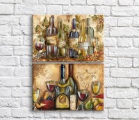 Pictură ArtPoster Bottles with wine/fruits and cheese in retro style (3478791)