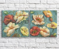 Картина ArtPoster Bouquet of White and Red poppies in oil on a Blue background, diptych (3467694)