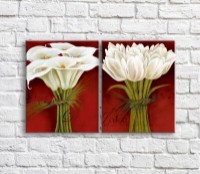 Картина ArtPoster Bouquet of White calla lilies and tulips on a Red background with text, diptych (3467695)