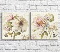 Pictură ArtPoster Bouquet of White wildflowers on a background of text, background Beige, diptych (3467696)