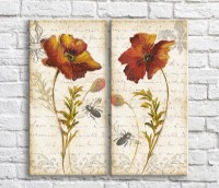 Картина Magic Color Dark/Orange poppies and bees on the background of the text, vintage, diptych (3467634)