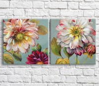 Pictură ArtPoster Burgundy and Pink peonies in oil on an Olive background, diptych (3467691)