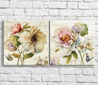 Pictură ArtPoster Butterflies and flowers multicolored on a Beige background, diptych (3467648)