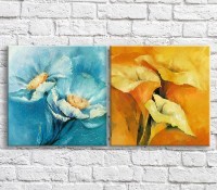 Pictură ArtPoster Calla lilies and chamomile oil on a Blue and Orange background, diptych (3467721)