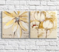 Pictură ArtPoster Cream gerbera and poppies on a Beige background with text, diptych (3467747)