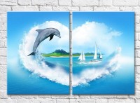 Pictură ArtPoster Dolphin and sailboats at sea (3453734)