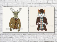 Pictură ArtPoster Fashionable deer in a jacket and a cat with glasses (3447722)