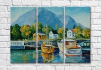 Pictură Magic Color City pier with boats in the background of mountains (35110175)