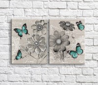 Картина ArtPoster Green butterflies and wildflowers Black and White style (3467719)