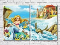 Pictură ArtPoster Mermaid on stones and castle (3453807)