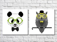 Pictură ArtPoster Panda with glasses and an owl with a cane (3447727)