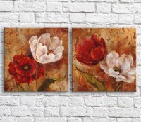 Картина ArtPoster Red and White poppies on an Orange background with patterns, diptych (3467730)