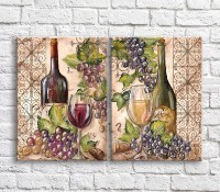 Картина ArtPoster Red and White wine, grapes in oil on a background of patterns (3478790)