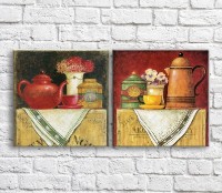 Pictură ArtPoster Red and Yellow kettle on a background of flowers (3478742)