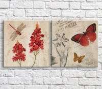 Картина ArtPoster Red dragonfly and butterfly on a background of flowers and text, vintage, diptych (3467726)