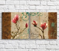 Картина ArtPoster Red flowers on a background of text and patterns, retro, diptych (3467741)