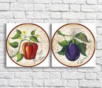 Pictură ArtPoster Red pepper and eggplant on a background of patterns (3478746)