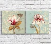 Картина ArtPoster Red/White magnolia and irises on a Blue background, vintage, diptych (3467727)