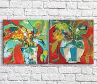 Картина ArtPoster Vases with Multi/Colored flowers in oil, on a Red background, diptych (3467703)