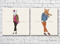 Pictură ArtPoster White cat with a Pink clutch and a fox with a scarf (3447711)