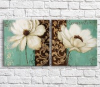 Pictură ArtPoster White poppies on a Green/Brown background with patterns, diptych (3467673)