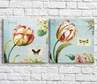 Картина ArtPoster White/Pink tulips and butterflies on a Blue background, diptych (3467671)