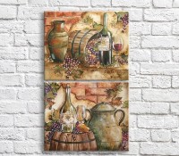 Pictură ArtPoster Wine bottle/barrels and grapes on a brick wall background (3478780)