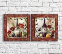 Pictură ArtPoster Wine/flowers and fruits on a background of patterns (3478725)
