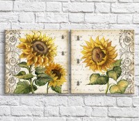 Картина ArtPoster Yellow sunflowers and bees in oil on a background of text and patterns, diptych (3467717)
