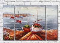 Pictură Rainbow Boat with flowers on the shore (3485207)