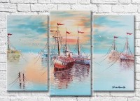 Картина Rainbow Boats and seagulls against the blue sky (3485210)