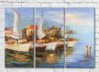 Pictură Rainbow Boats with white sails at the village (3485181)
