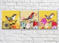 Pictură Rainbow Bright triptych with colorful flowers and birds (500846)