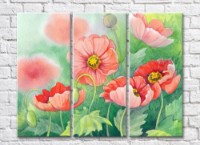 Картина Rainbow Large flowers of poppies on a green background watercolor (500387)