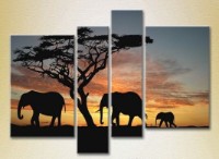 Pictură Rainbow Polyptych Elephants sunset in Africa (2222235)