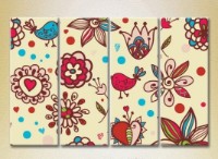 Pictură Rainbow Polyptych Texture burgundy flowers and birds 01 (2230622)